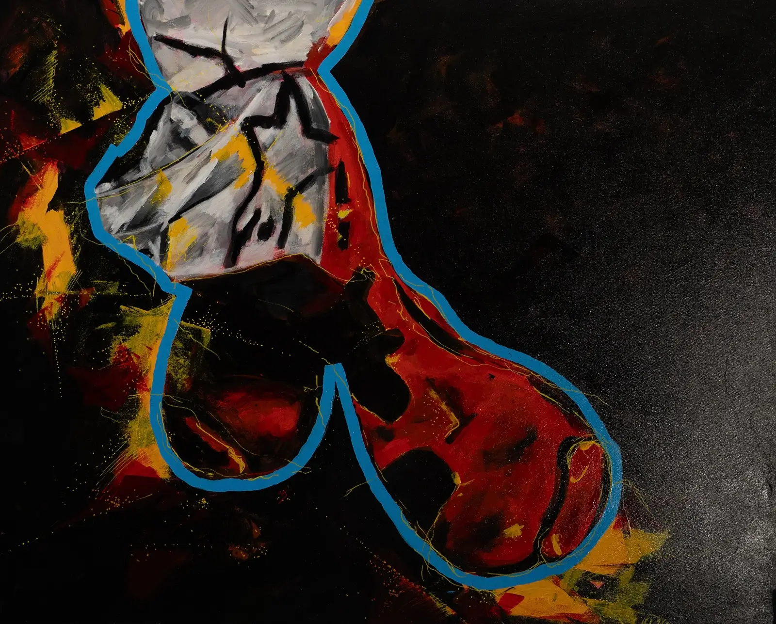 Alpinestars Supertech R Vented Red Fluo, a painting by Krzysztof Lewandowski: a red and white motorcycle boot with a blue outline on a black background with yellow and red patches