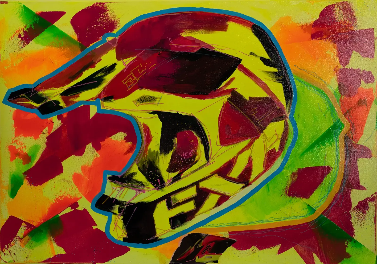 FXR Blade Motocross, a painting by Krzysztof Lewandowski: a motocross helmet with a blue outline on a fluorescent yellow background with burgundy, orange and green patches