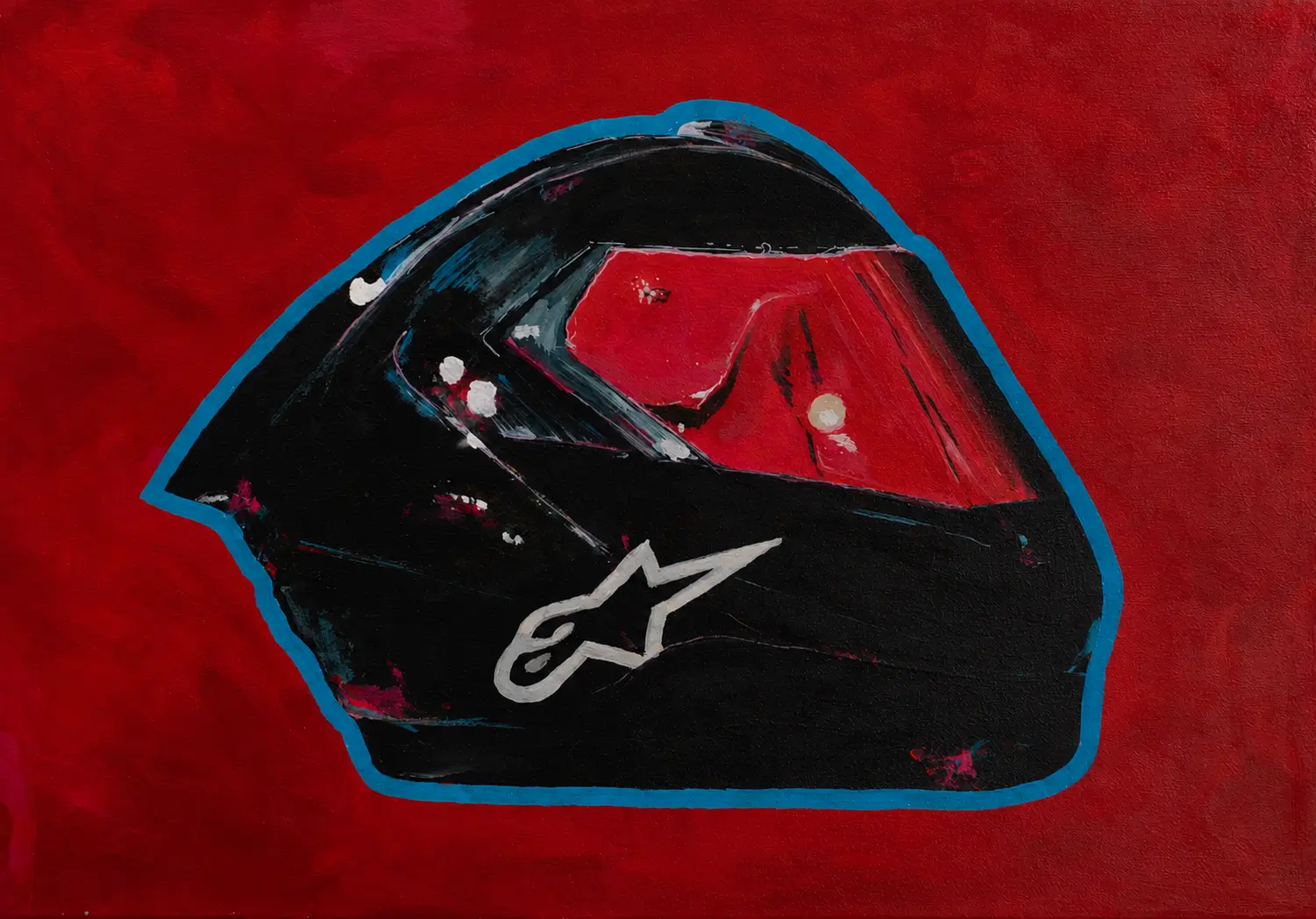 Kask (Helmet), a painting by Krzysztof Lewandowski: a black, glossy motorcycle helmet with a white star logo and a blue outline on an intensely red background